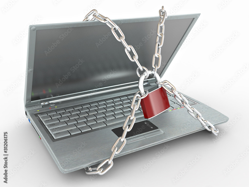Poster laptop with chains and lock on white isolated background
