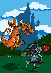 Cartoon of dragon attacking a knight