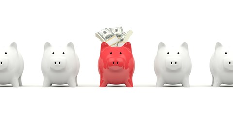 Piggy bank with money isolated on white