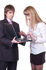 Business Man and Woman Team Working on Laptop Computer