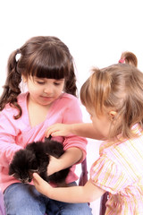 Fototapeta na wymiar Girls holding kitten