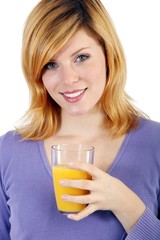 young beautiful woman with orangejuice (white background)