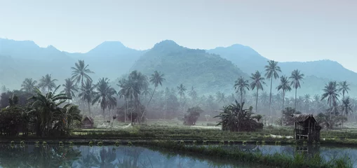 Kleines Haus mit Fischernetz im tropischen Wald nahe dem Teich © Dudarev Mikhail