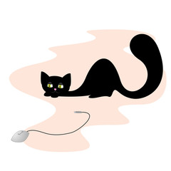 black cat hunting for computer mouse