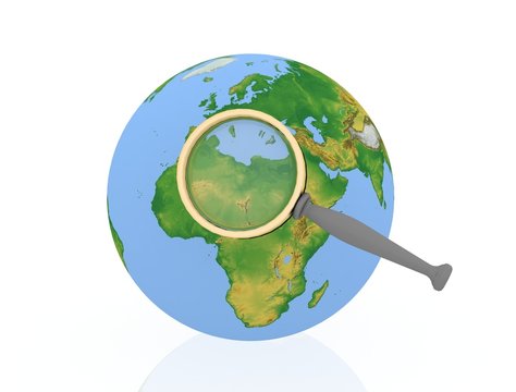 3d illustration of blue earth globe with magnify glass.