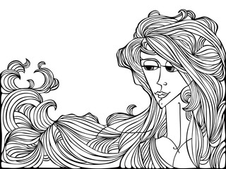 Black contour drawing of young adult girl with long hair.