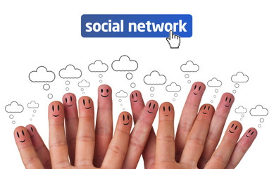 Happy group of finger smileys with social network icon