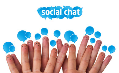 Happy group of finger smileys with social chat sign