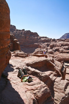 Tourist reposing after journey around Petra, Jordan