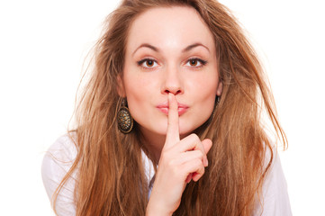 Naklejka premium pretty woman making silence sign