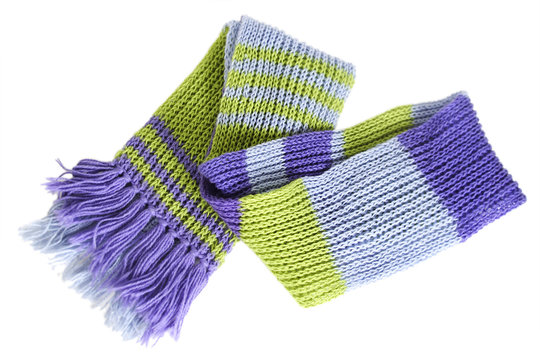 knitted scarf with green, purple and blue stripes isolated