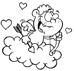 Outlined Cupid In A Cloud With Hearts, A Bow And Arrow