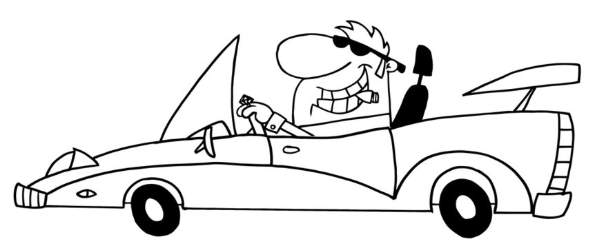Outlined Dude Smoking A Cigar And Driving A Convertible Car