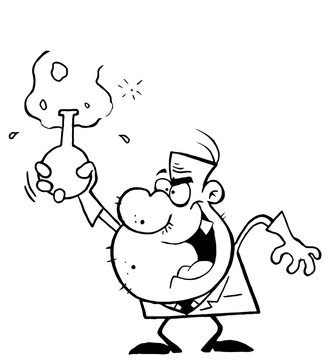 Outlined Scientist Man Grinning And Holding A Laboratory Flask