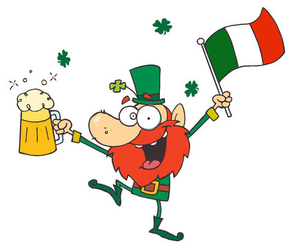 Drunk Leprechuan Dancing With Beer And A Flag