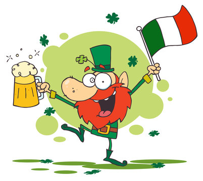 Dancing Drunk Leprechuan With Beer And A Flag