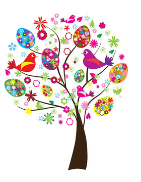 vector easter tree with floral eggs and birds