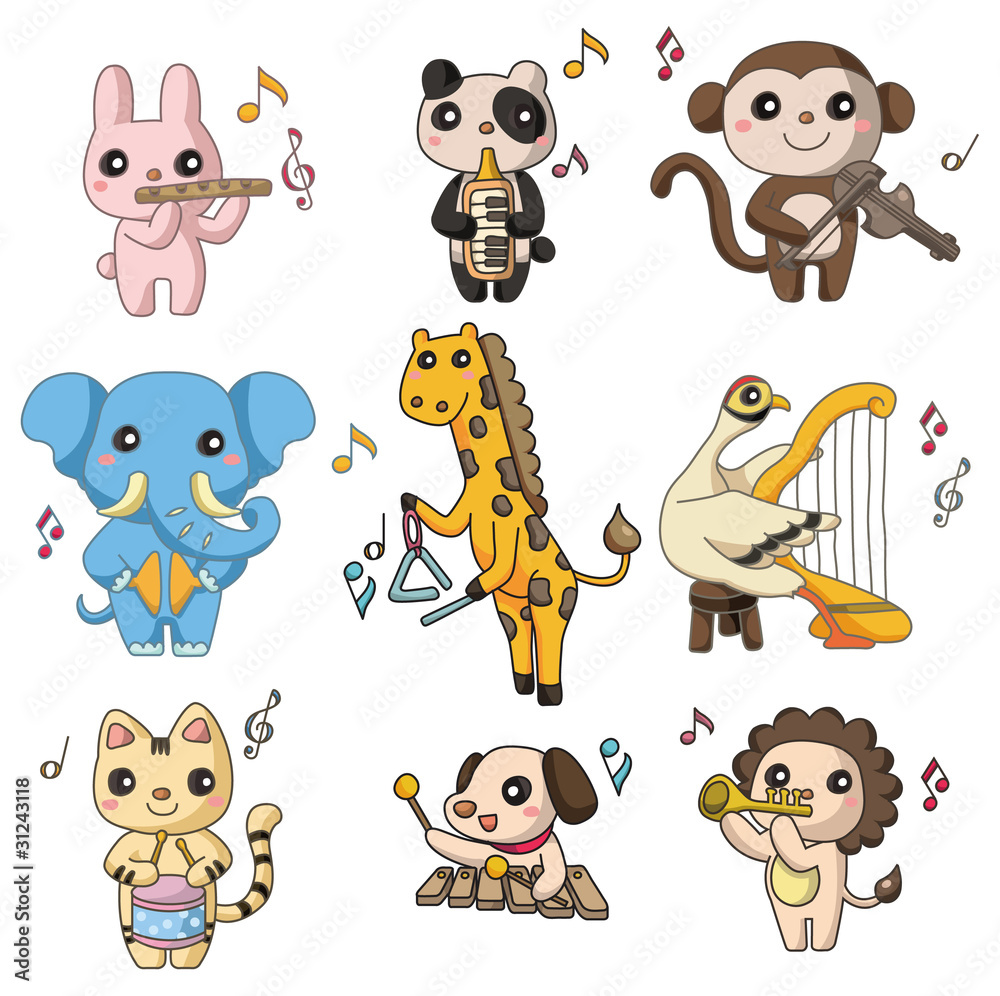 Wall mural cartoon animal play music icon