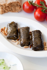 Gefüllte Weinblätter mit Brot, Dip und Tomaten