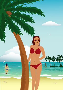 vector illustration with girls, beach, palm and ocean