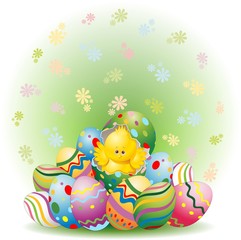 Pasqua Pulcino e Uova Decorate-Cute Easter Chick in Egg-Vector