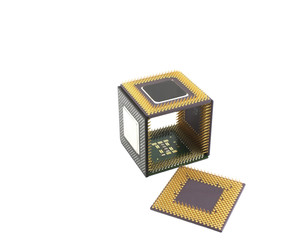Microprocessors in the form of a cube over white