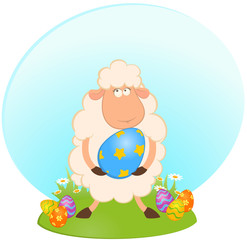 Easter sheep with colored egg. Easter card