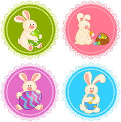 Easter Bunny with basket and colored eggs. Easter card