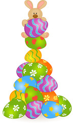 Easter Bunny with colored eggs. Easter card