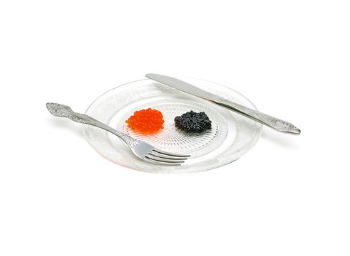 still life of black and red caviar on a white background