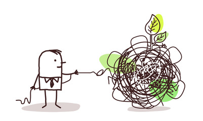 businessman untangling a knot with green leaf