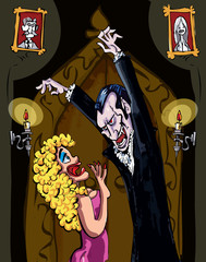Cartoon Vampire menacing a blonde woman