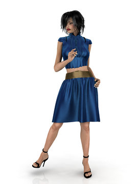 Dunkelhaarige Frau in blauer Kleidung