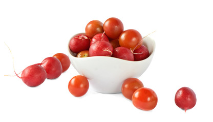 Radish and tomatoes  isolated on white background