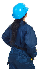 Back of constructor worker woman