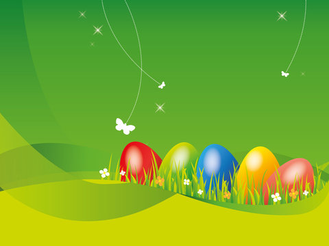 Hintergrund Ostern f&uuml;nf Eier Osterei Schmetterlinge gras wiese 1