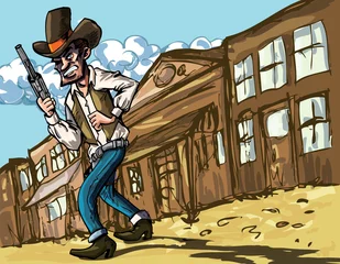 Deurstickers Wilde Westen Cartoon cowboy met sixguns