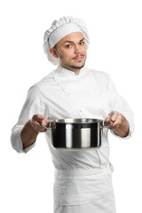 chef with metal kitchen pan isolated