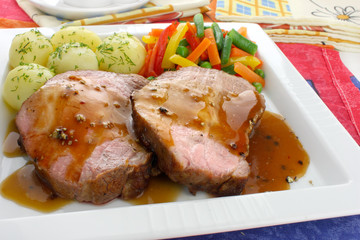 Pork meat with vegetables and sauce