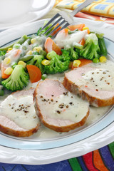 Pork meat with vegetables and sauce