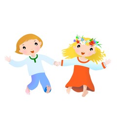 Happy couple cartoon boy and girl on the white