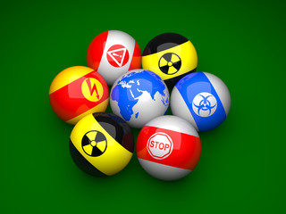 Billiard balls with danger signs