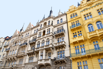 Fototapeta na wymiar Ornate Facades of buildings in Prague in Czech Republic,Europe