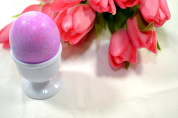 Purple Easter Egg and Pink Tulips