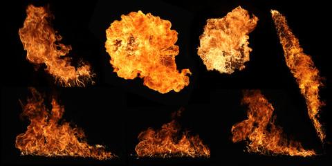 Fire flames collection, isolated on black background