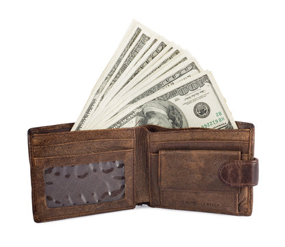 Money and portmane on the white isolated background