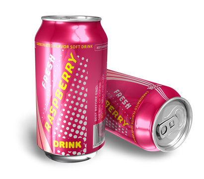 Raspberry soda drinks in metal cans