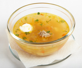 Homemade soup in a glass dish