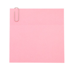 Pink paper note with paper clip isolated on white background