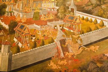 Masterpiece of traditional Thai style painting art on temple wal